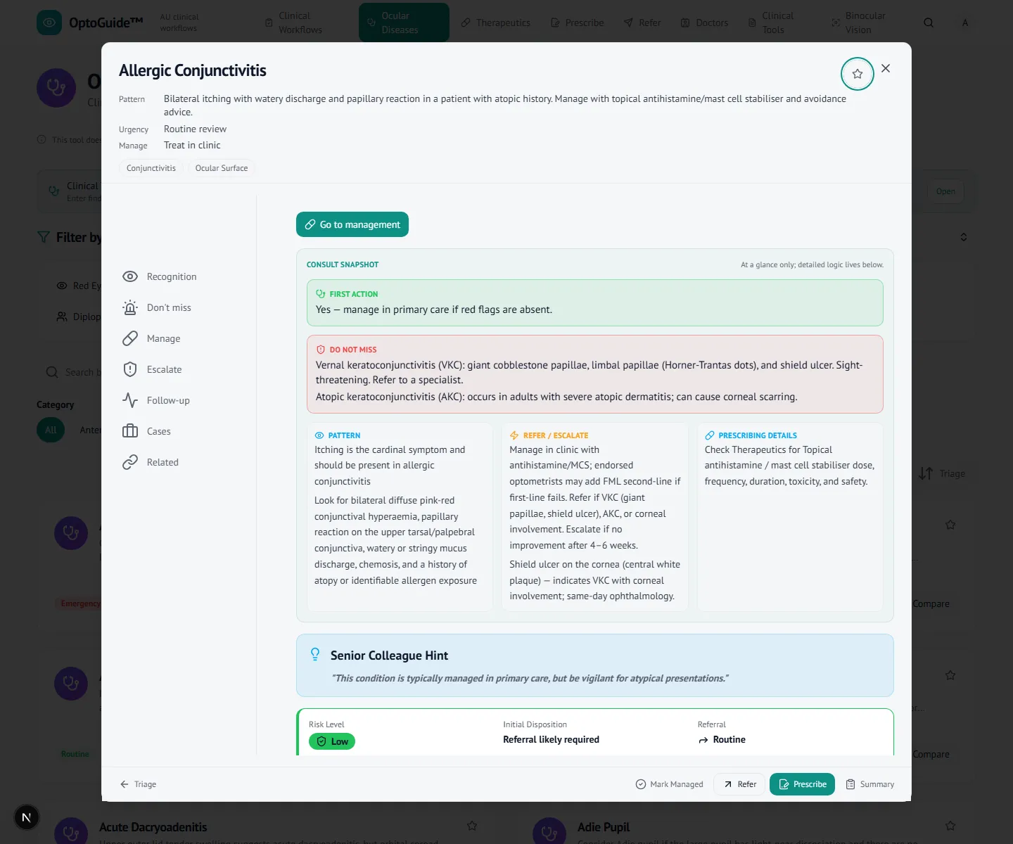 Allergic conjunctivitis disease workflow with first-line management