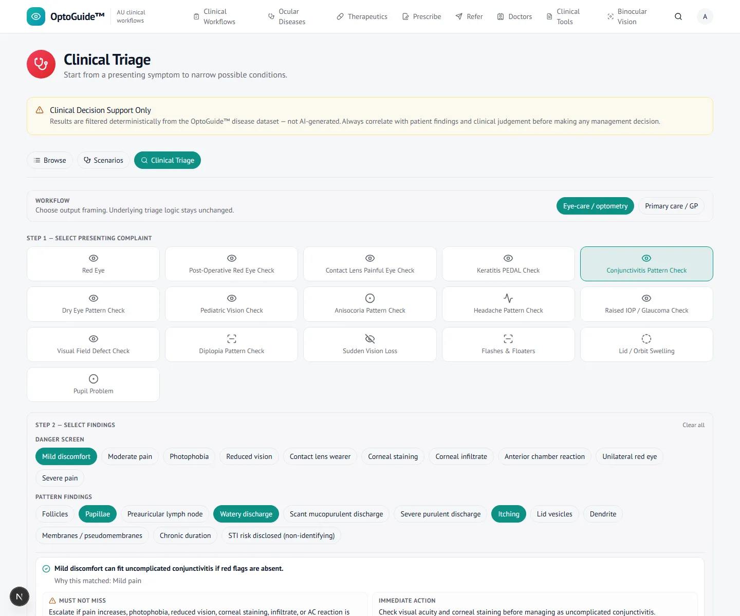 Allergic conjunctivitis findings screen in OptoGuide
