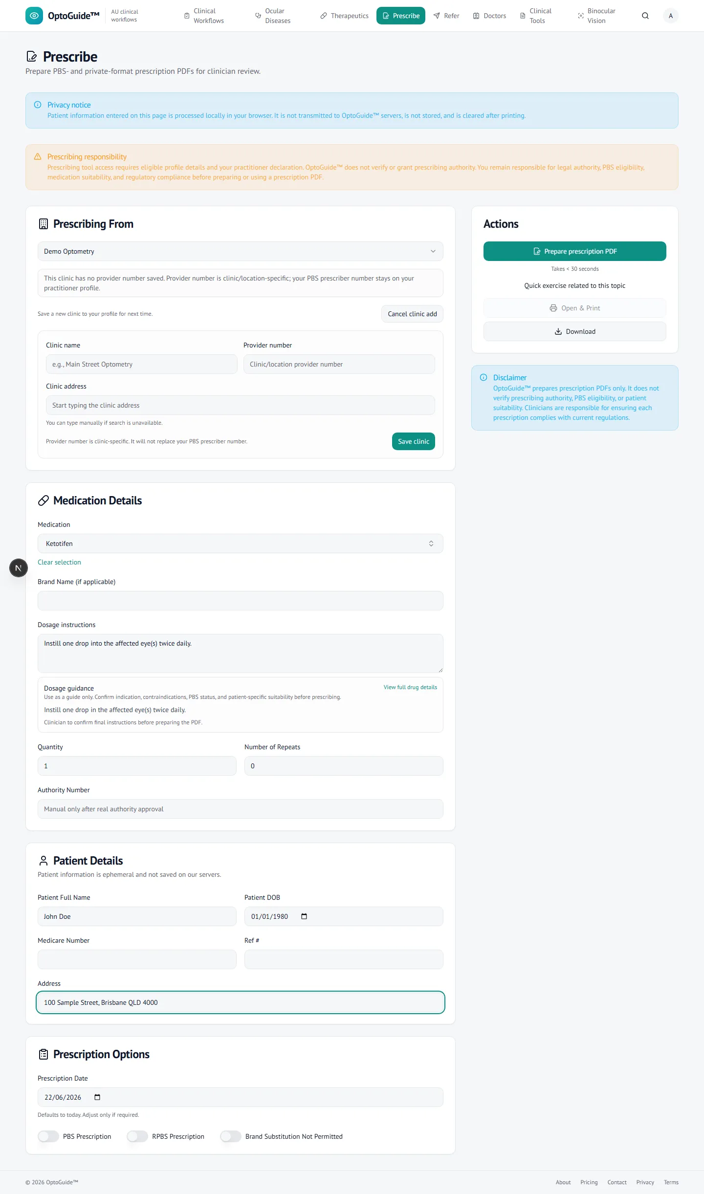 Prescription generator pre-filled from the condition