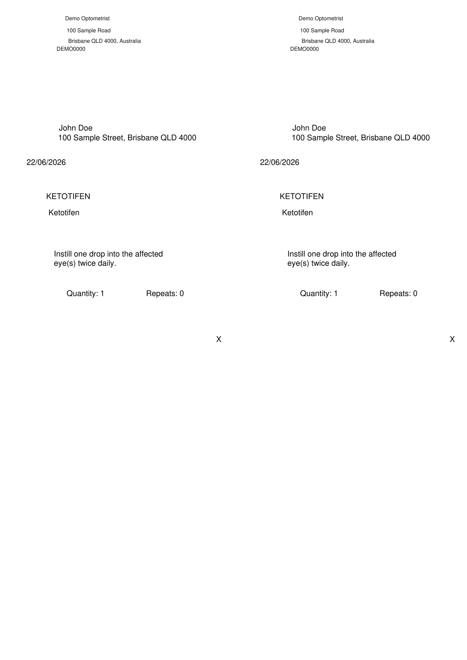 Generated prescription PDF (prescriber shown as demo values)