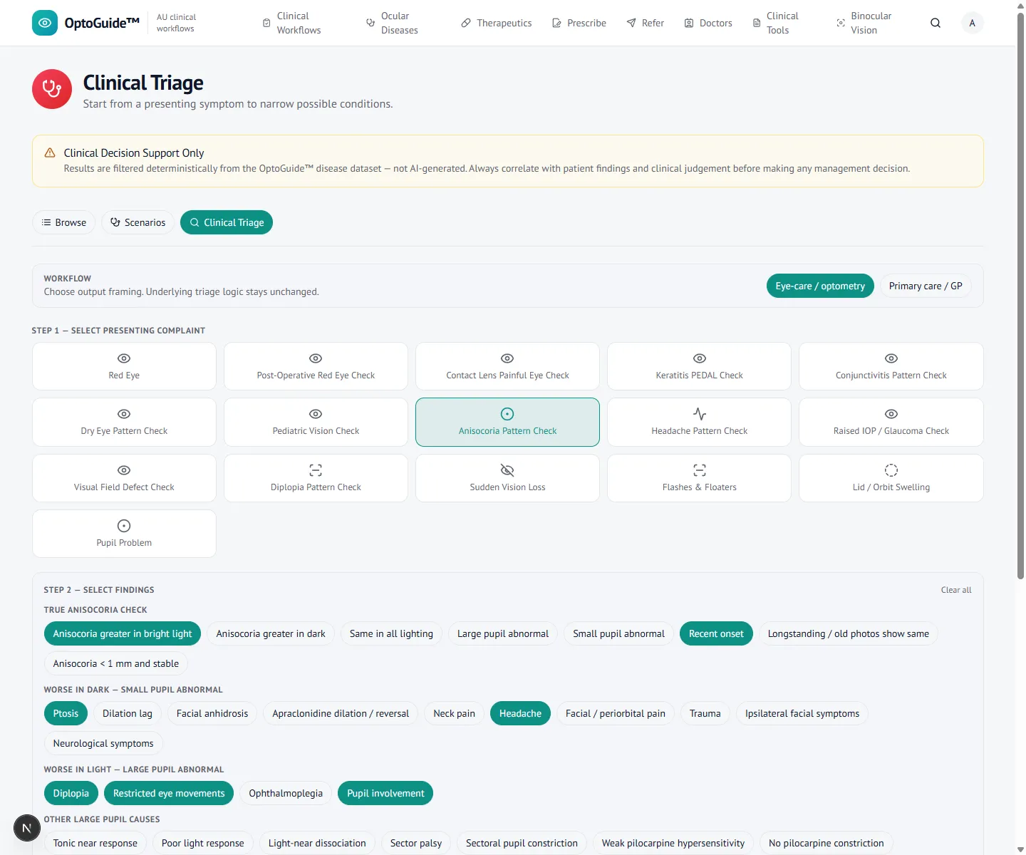 Anisocoria findings screen capturing lighting pattern and red flags