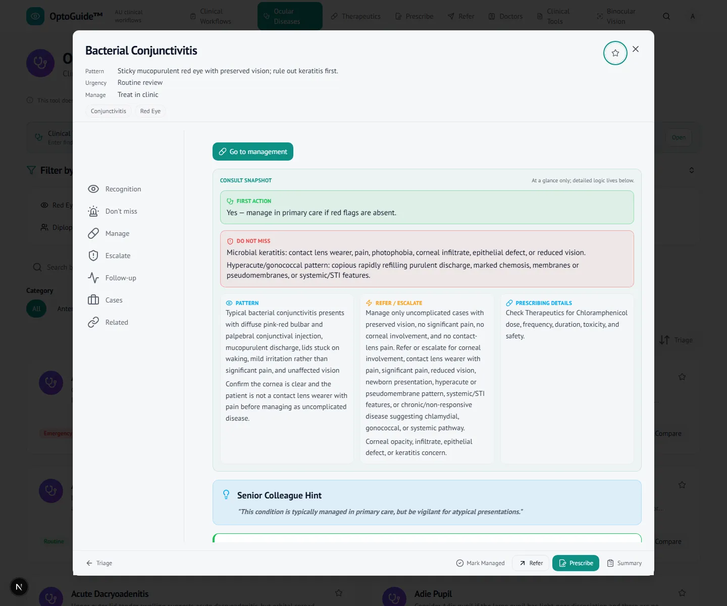Bacterial conjunctivitis disease workflow with first-line management