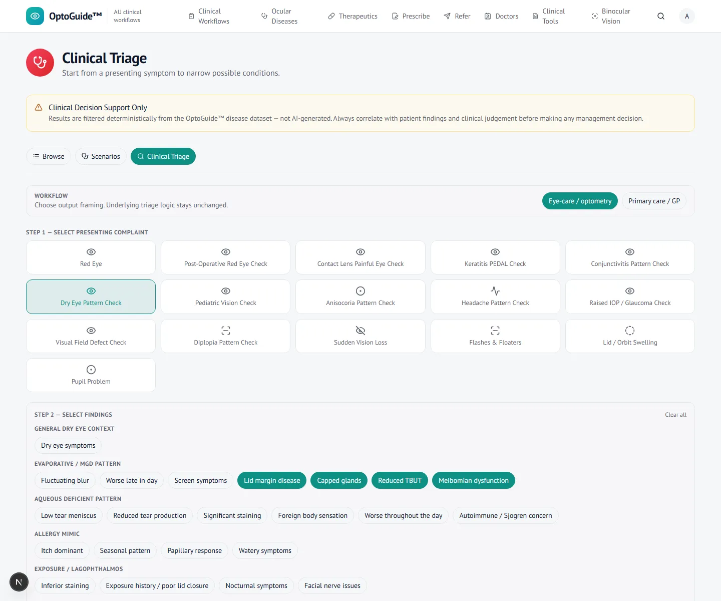 Blepharitis / MGD findings screen in OptoGuide
