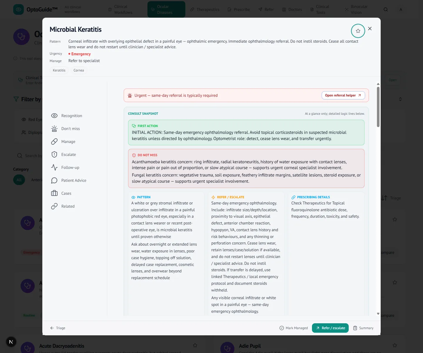 Microbial keratitis disease workflow with escalation and steroid caution