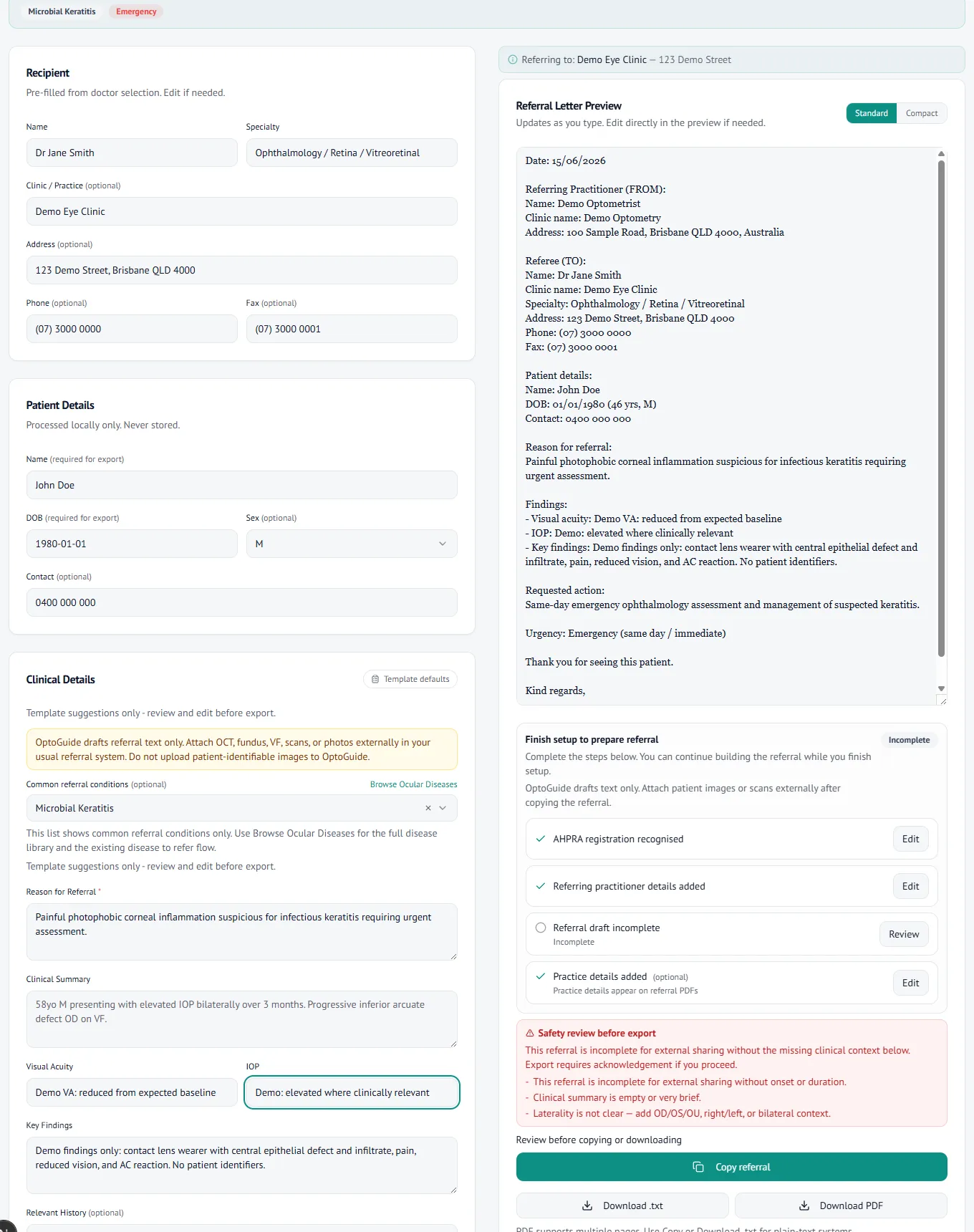 Corneal referral letter preview ready to copy