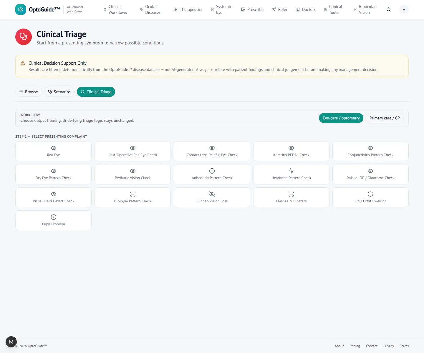 Selecting the diplopia pattern check in OptoGuide Smart Triage