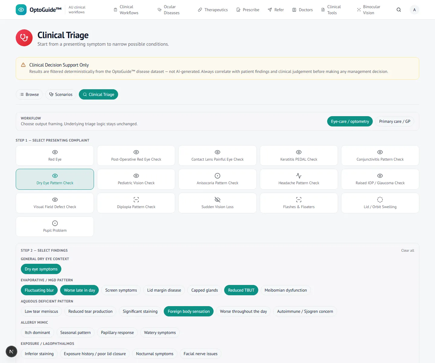 Dry eye findings screen in OptoGuide