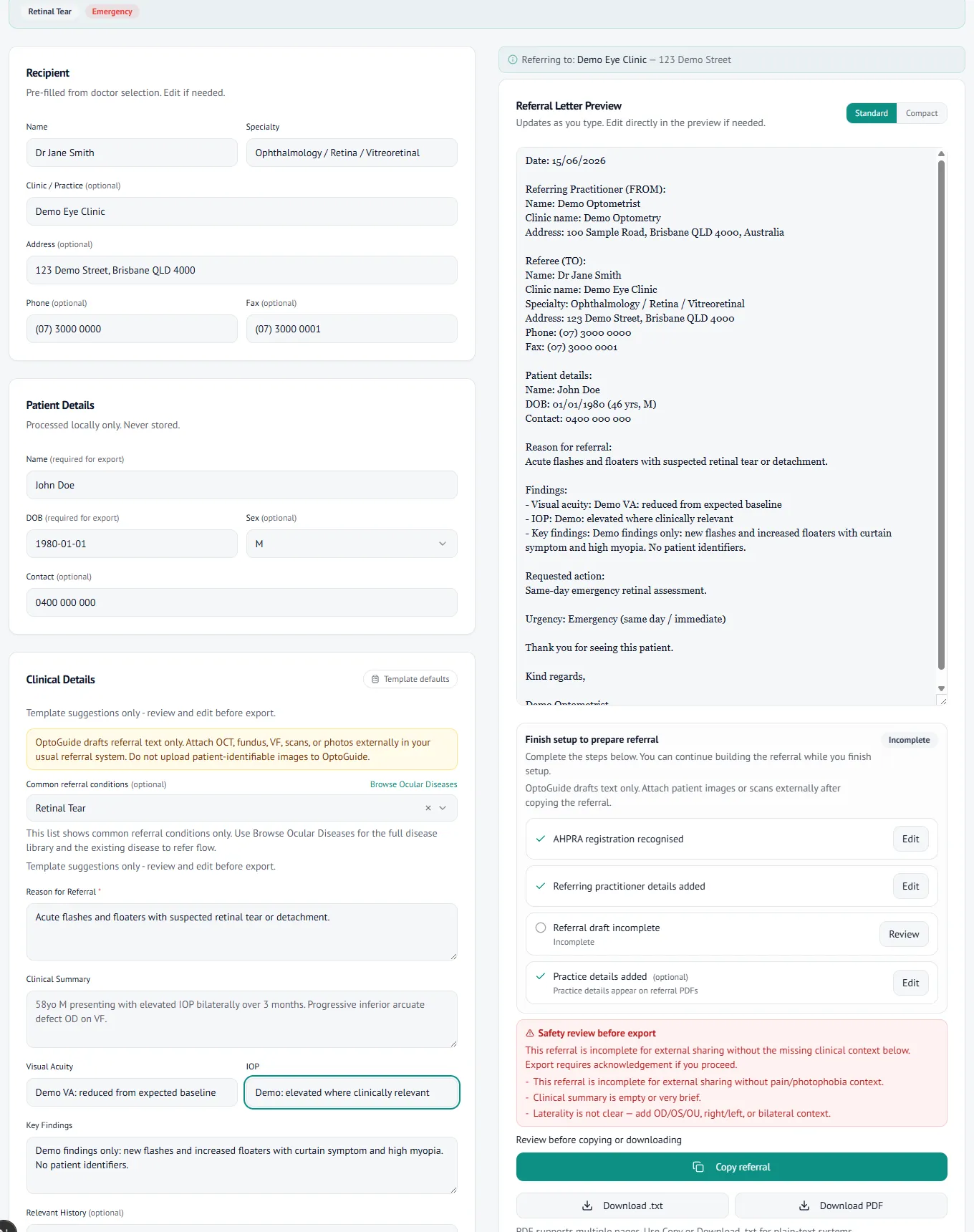 Same-day retinal referral letter preview ready to copy