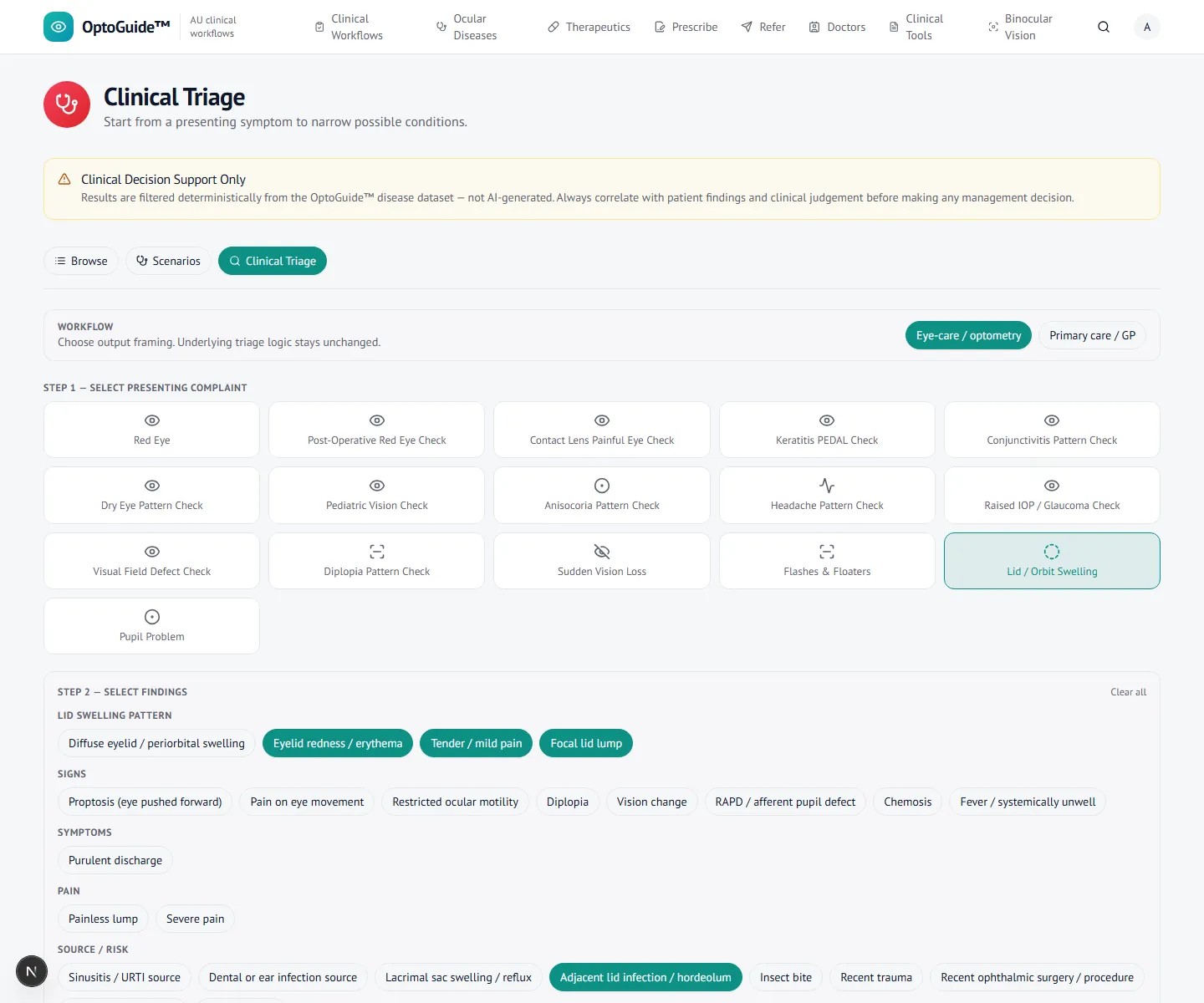 Lid swelling findings screen in OptoGuide
