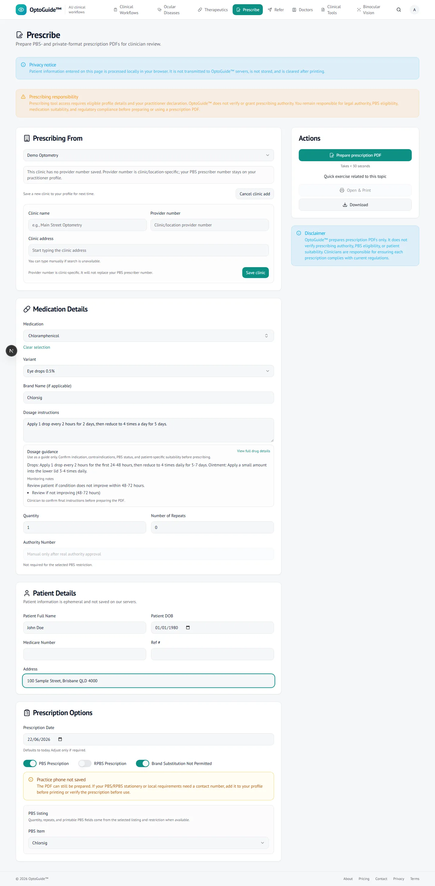 Prescription generator pre-filled from the condition