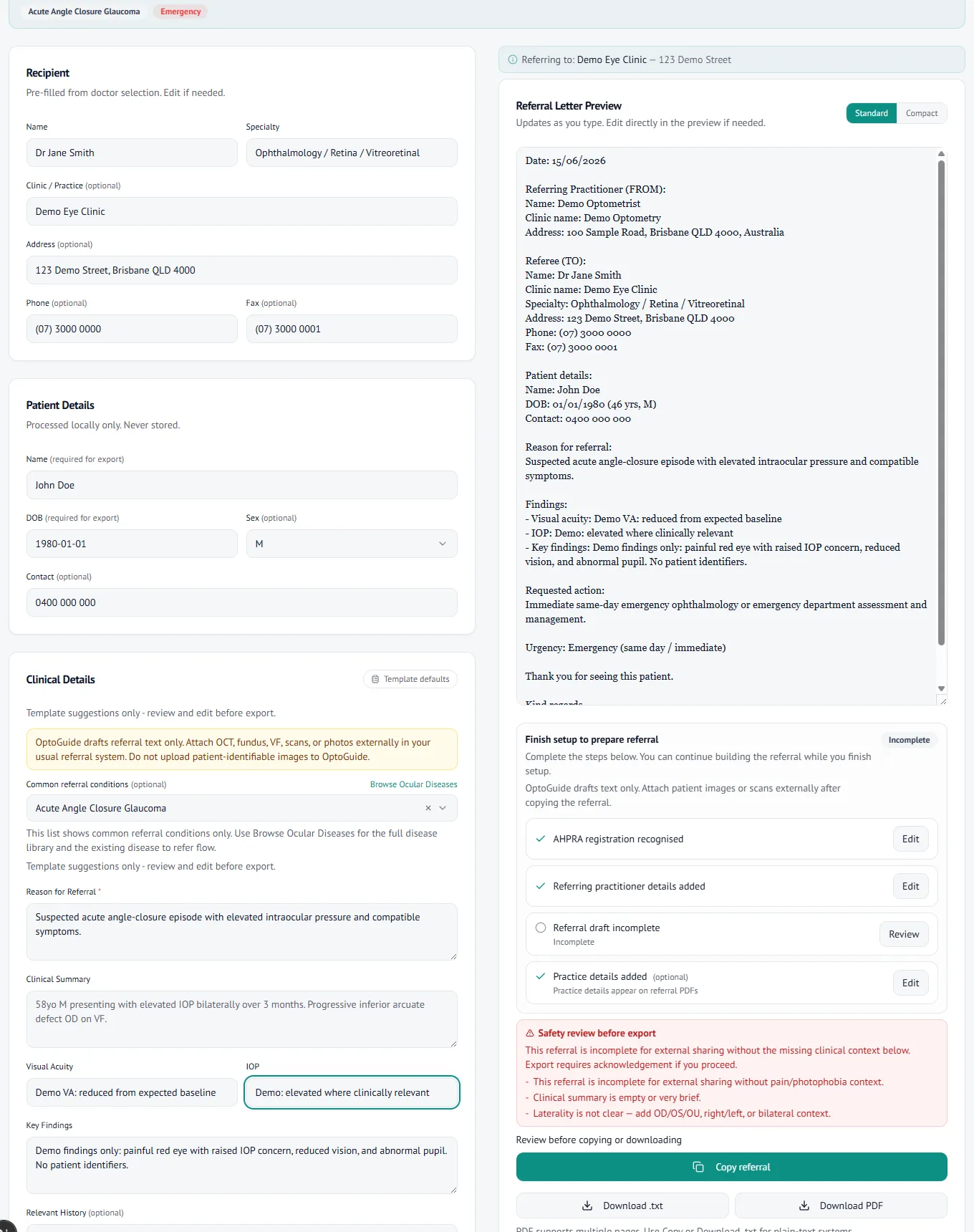 Referral letter preview ready to review and copy